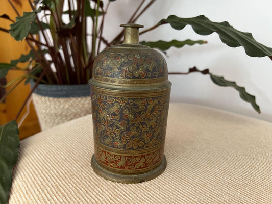 Vintage Solid Brass Hand-Etched Lidded Canister, Jar, Trinket Box, Bell Top, Hand Painted Brass Jar, Bohemian Decor, Lid Bell