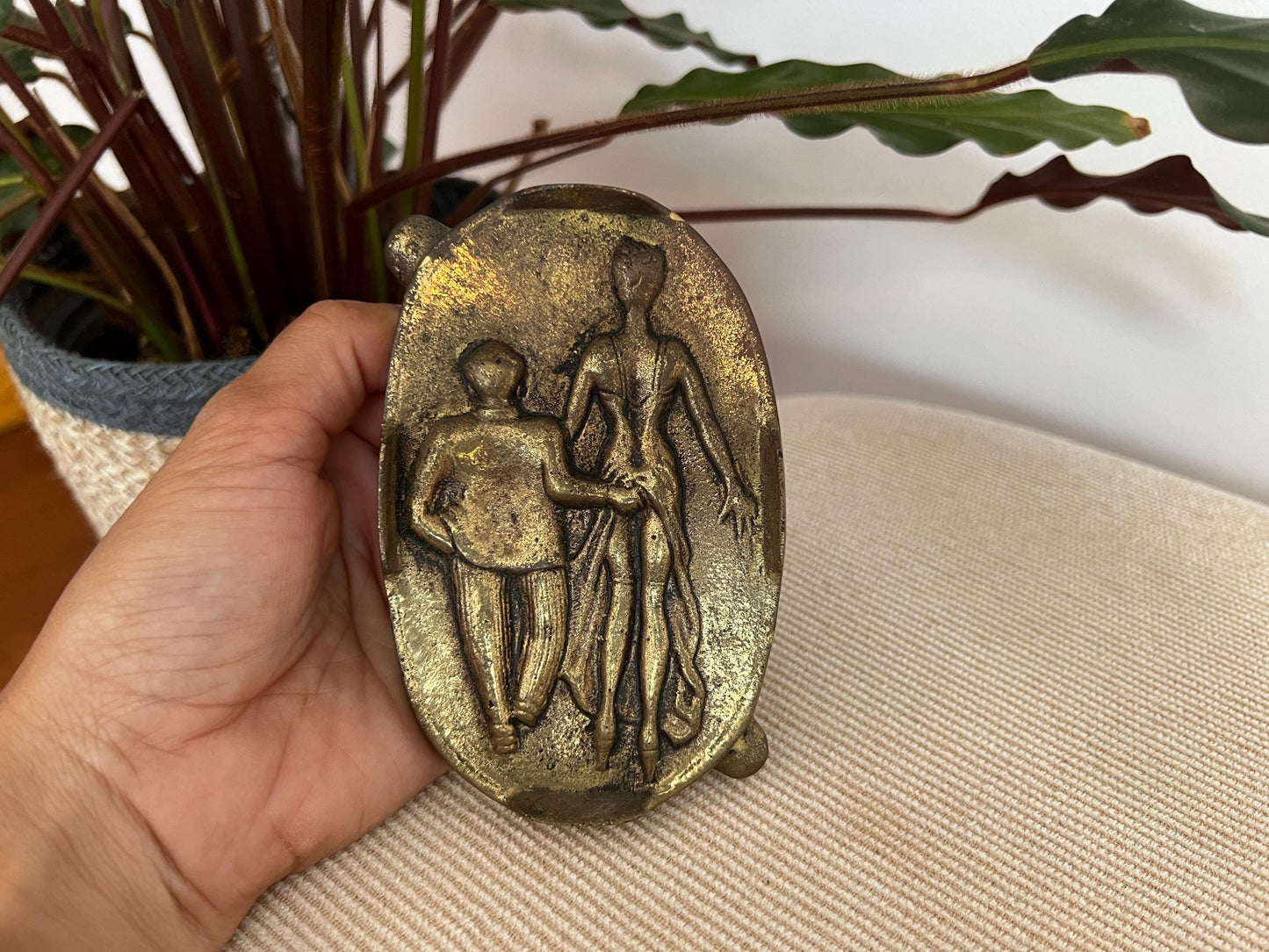 Vintage Brass Ashtray, Embossed Two-Sided Ashtray, Cheeky Man/Woman Humor, Oval, Oh!