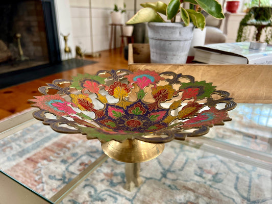 Vintage Etched Brass Footed Bowl, Colorful Hand Painted Stamped Metal Footed Dish, Trinket Change Dish, Incense Offering Dish Sage Stick