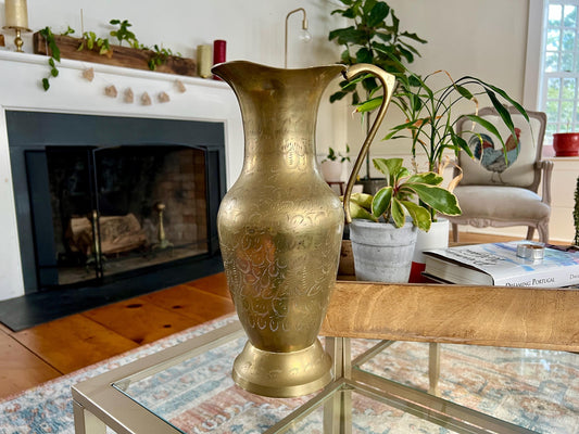 Stunning Extra Large Brass Pitcher, Vintage Tall Etched Pitcher, Home Decor, Big Pitcher, Brass Decor, Brass Decorative Pitcher