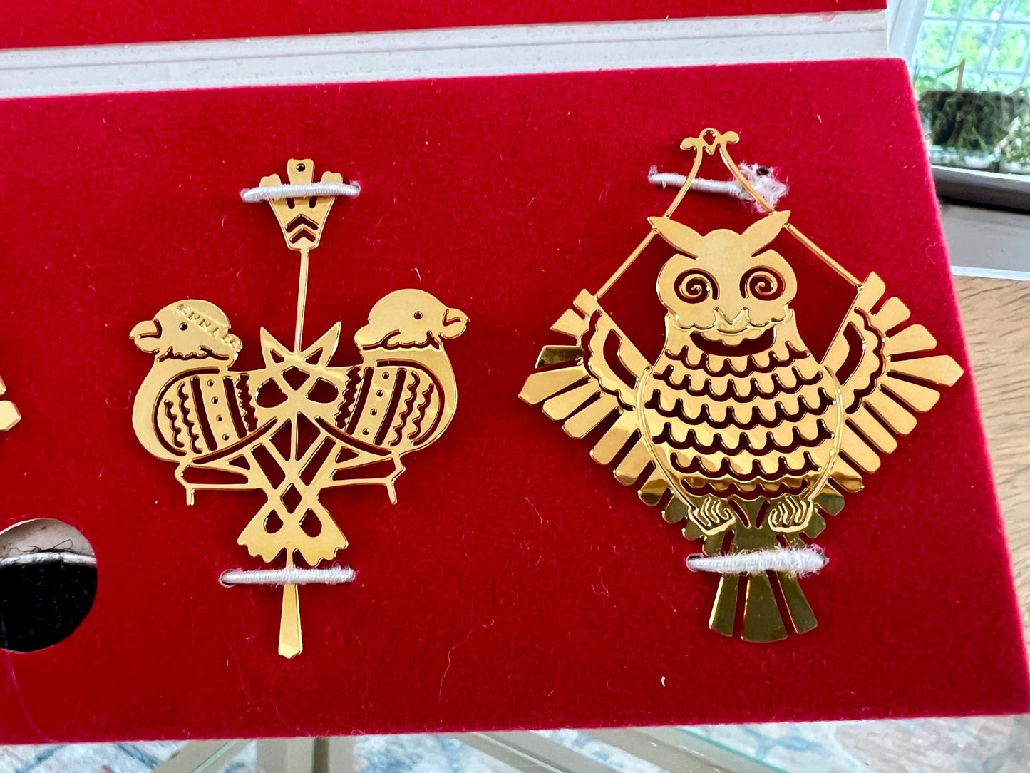 Metropolitan Museum of Art 1986 Brass Bird, Owl, Love Birds, Cut Metal Christmas Ornaments, Stylized Bird Ornaments, Holiday Brass, Set of 4