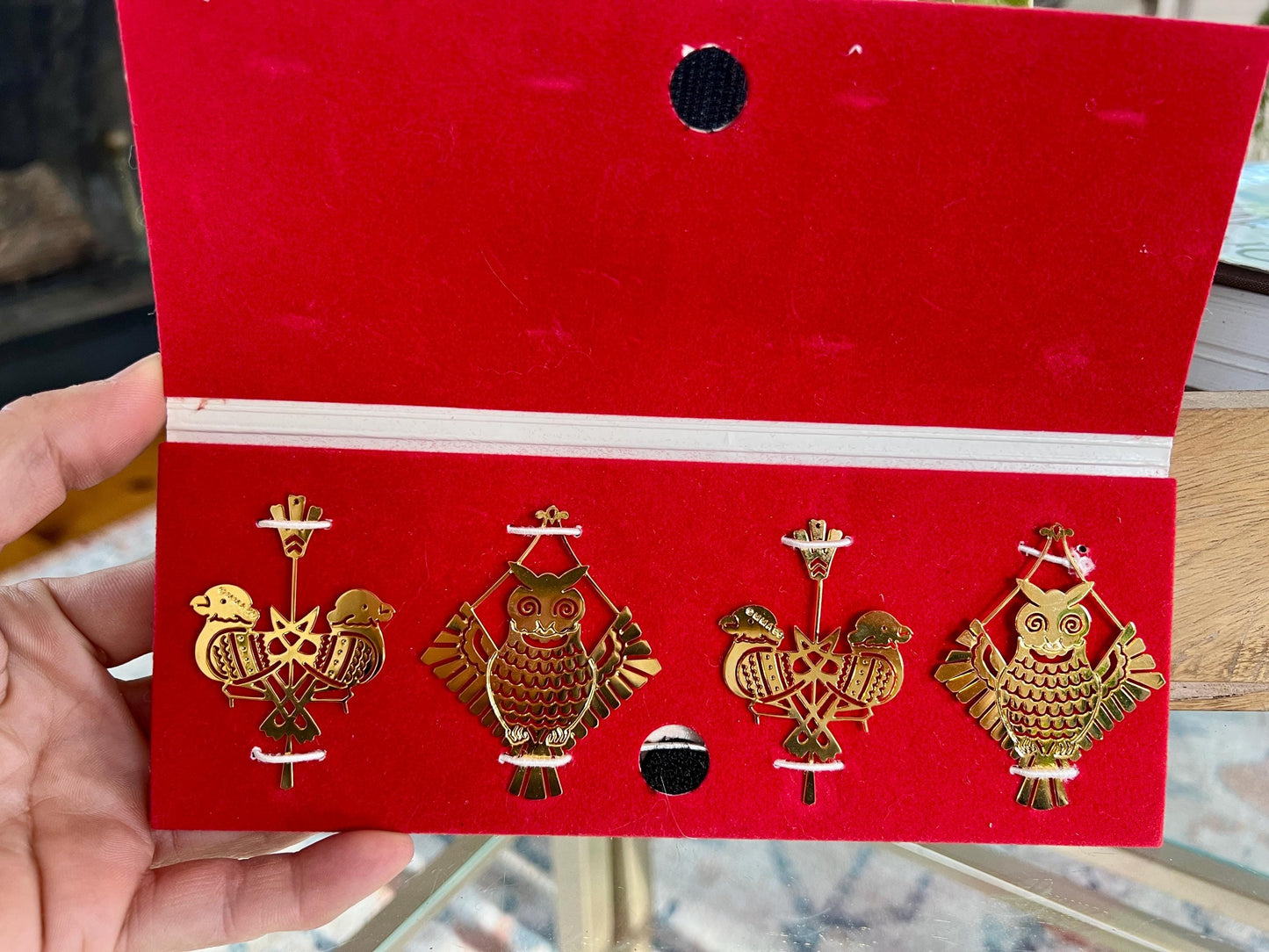 Metropolitan Museum of Art 1986 Brass Bird, Owl, Love Birds, Cut Metal Christmas Ornaments, Stylized Bird Ornaments, Holiday Brass, Set of 4