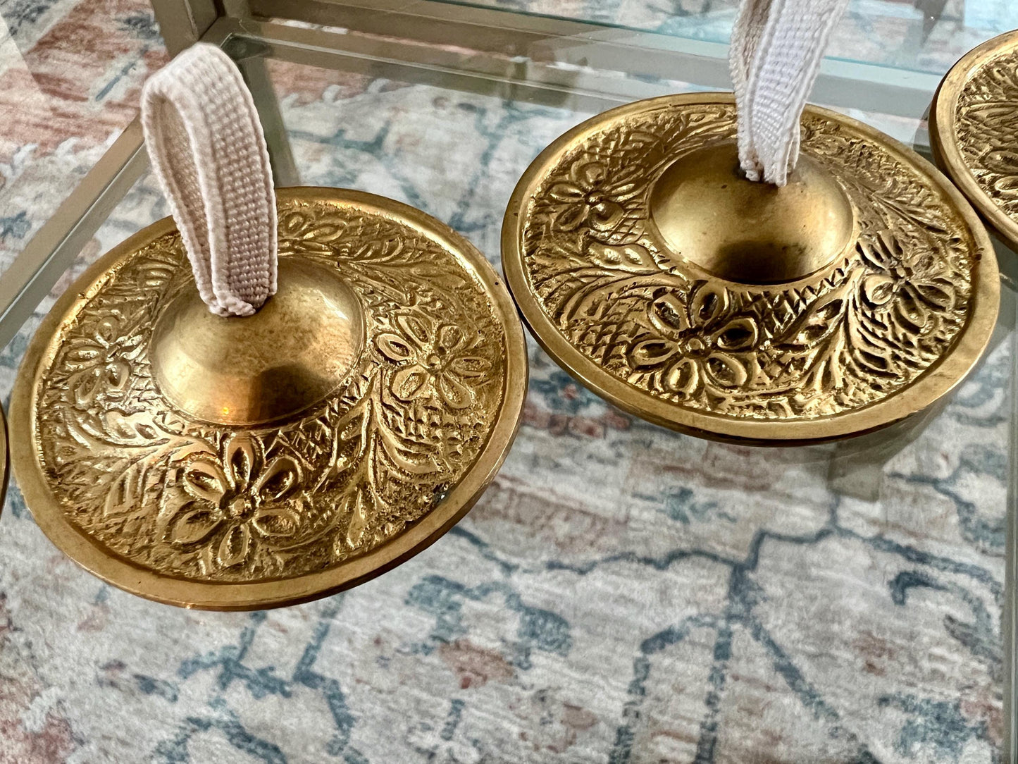 Vintage Brass Sagat Finger Cymbals for Belly Dancing, Two Sets, Brass Zills, Made in India, Solid Brass, Etched Brass, Floral Design