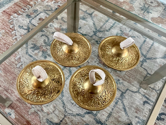 Vintage Brass Sagat Finger Cymbals for Belly Dancing, Two Sets, Brass Zills, Made in India, Solid Brass, Etched Brass, Floral Design