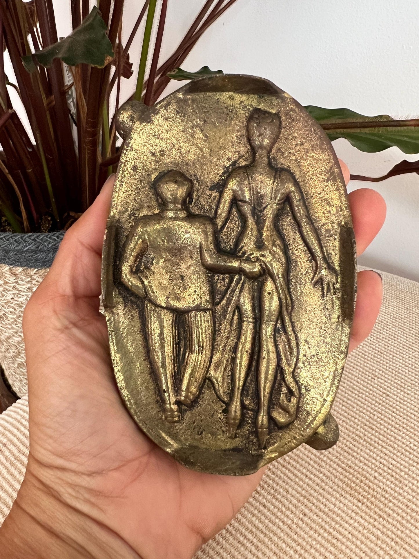 Vintage Brass Ashtray, Embossed Two-Sided Ashtray, Cheeky Man/Woman Humor, Oval, Oh!