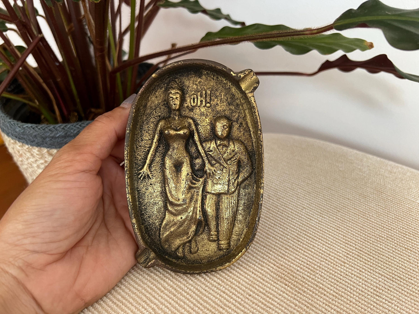 Vintage Brass Ashtray, Embossed Two-Sided Ashtray, Cheeky Man/Woman Humor, Oval, Oh!