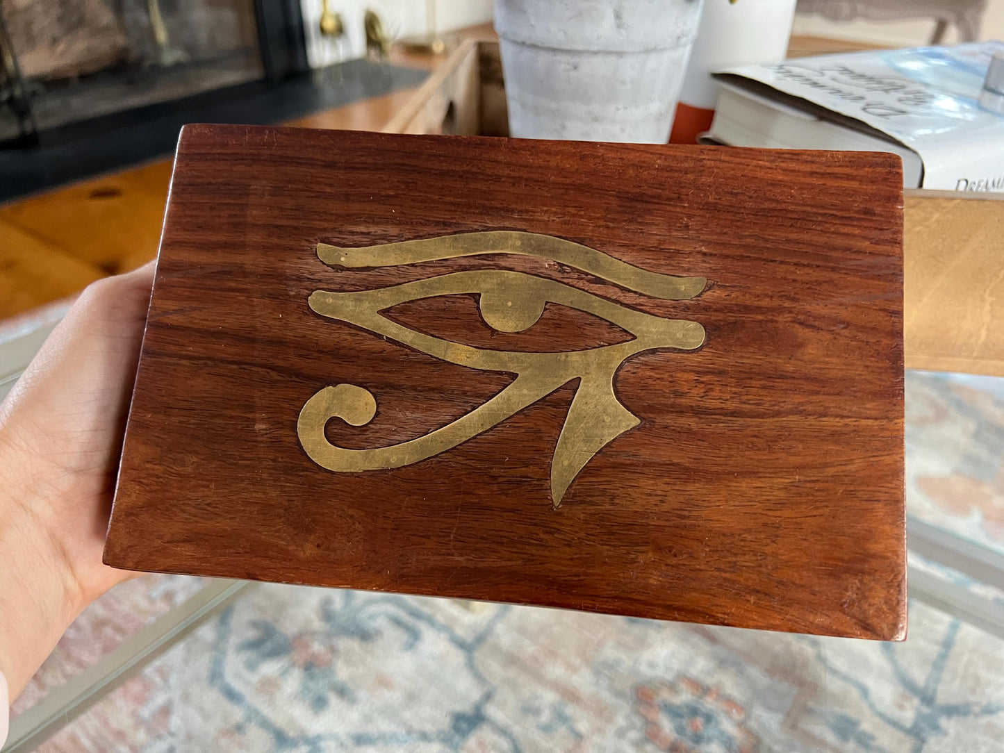 Vintage Gold Embossed Wooden Box, Brass Eye of Horus Amulet, Egyptian, Handmade Boho Box, Keepsake Box, Vintage Trinket Box, Rah Symbol