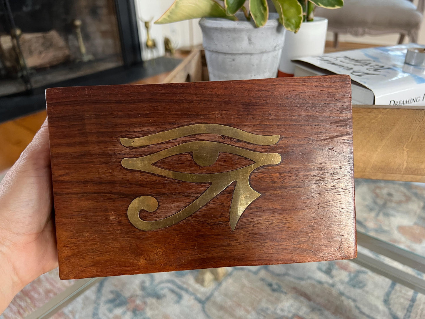 Vintage Gold Embossed Wooden Box, Brass Eye of Horus Amulet, Egyptian, Handmade Boho Box, Keepsake Box, Vintage Trinket Box, Rah Symbol