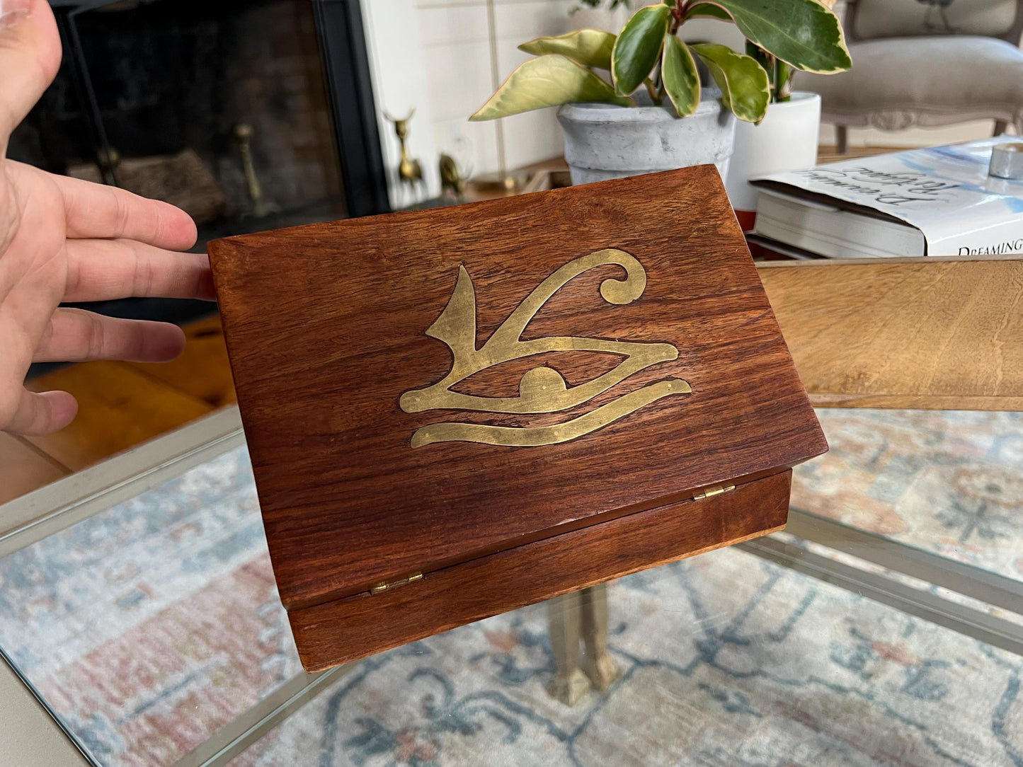 Vintage Gold Embossed Wooden Box, Brass Eye of Horus Amulet, Egyptian, Handmade Boho Box, Keepsake Box, Vintage Trinket Box, Rah Symbol