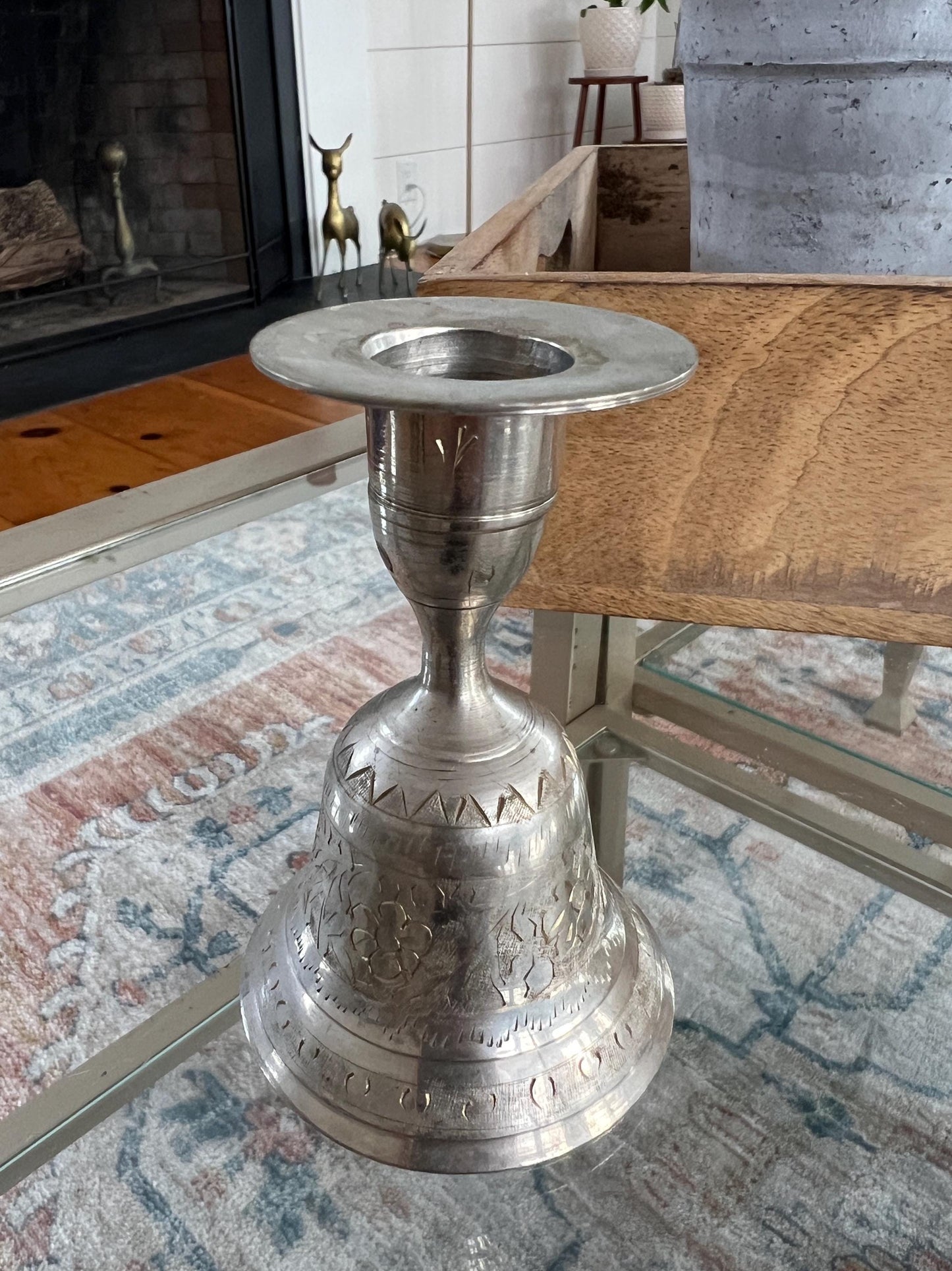 Vintage Silver Bell, Candle Stick Holder, School Bell, Christmas Etched Silver Bell, Dinner Bell, Call Bell