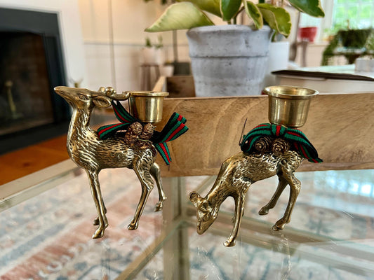 Vintage Pair of Brass Deer Candle Holders, 4" Buck Doe Brass Deer Sculptures, collectible brass decor, Solid Brass