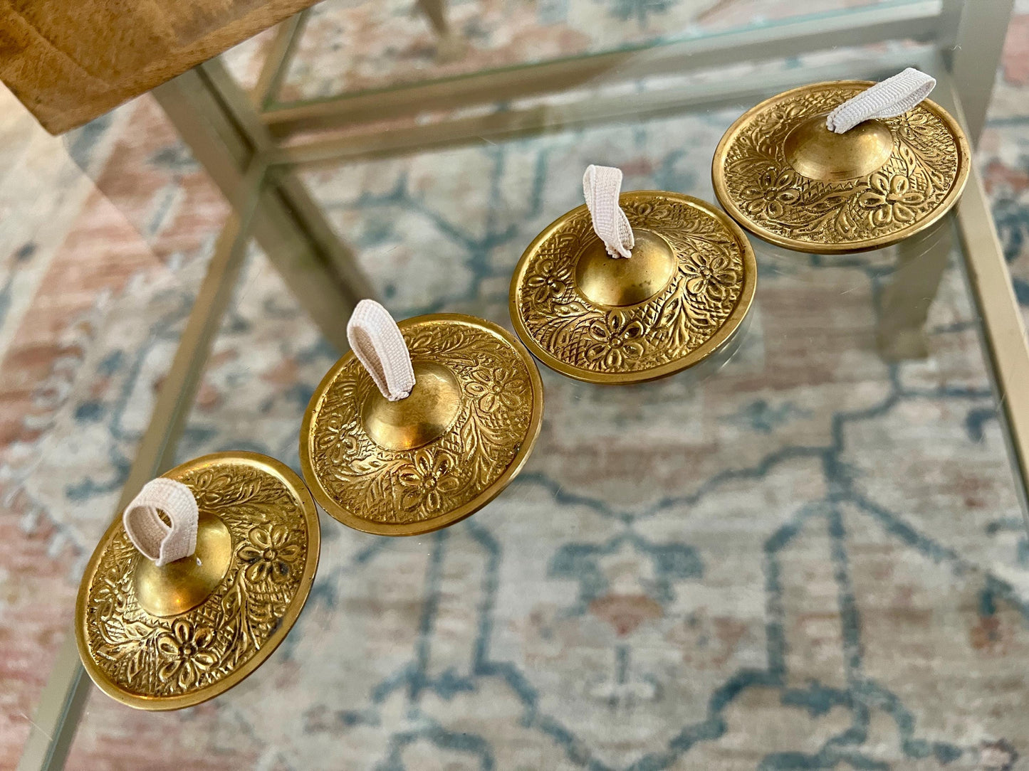 Vintage Brass Sagat Finger Cymbals for Belly Dancing, Two Sets, Brass Zills, Made in India, Solid Brass, Etched Brass, Floral Design