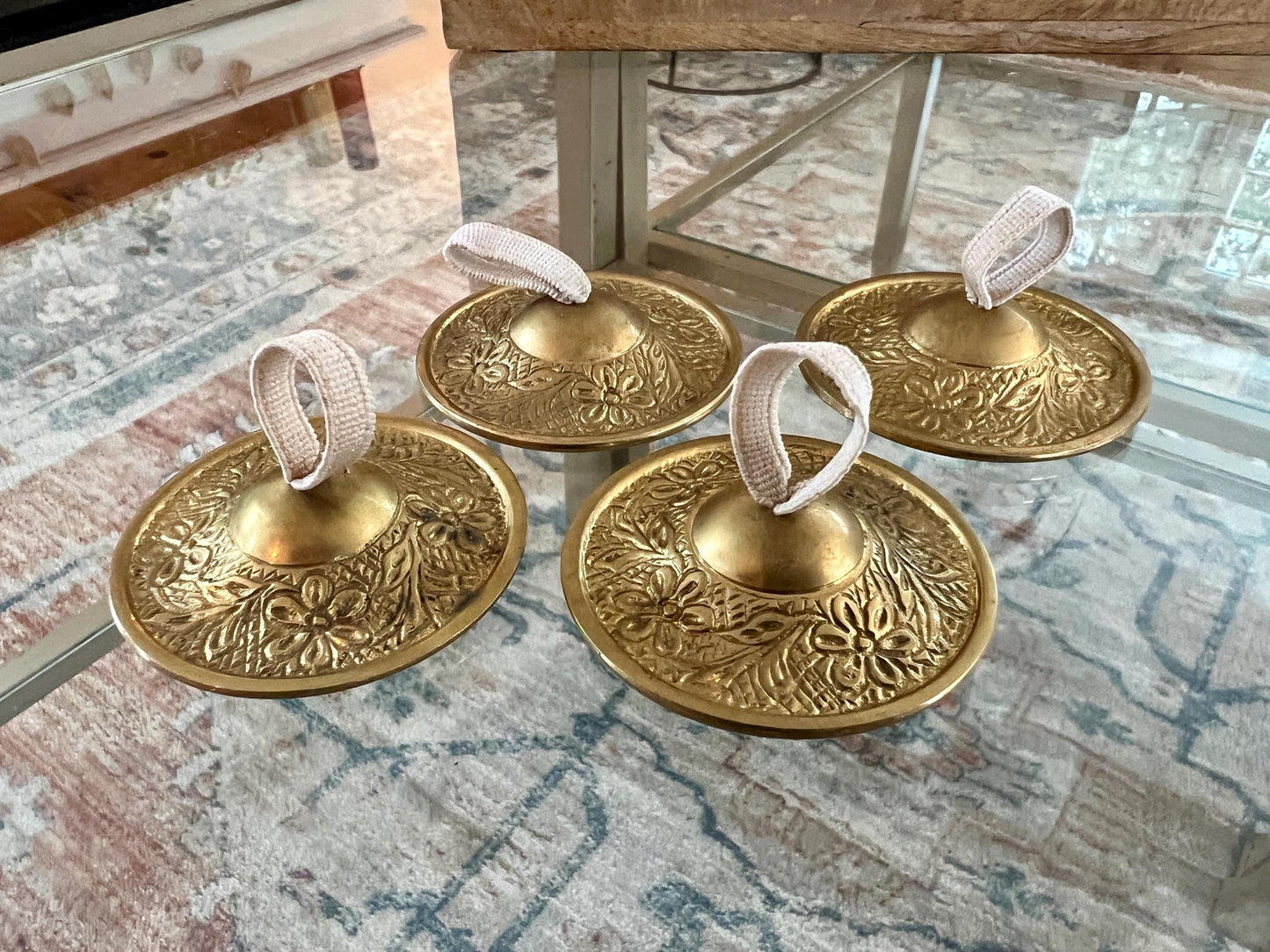 Vintage Brass Sagat Finger Cymbals for Belly Dancing, Two Sets, Brass Zills, Made in India, Solid Brass, Etched Brass, Floral Design