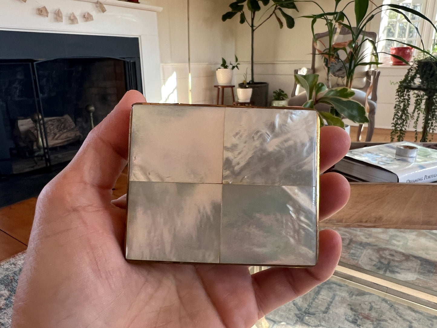 Vtg Brass and Mother of Pearl Compact Box, Lidded Hinge Brass Box, Makeup Compact, Cigarette Holder