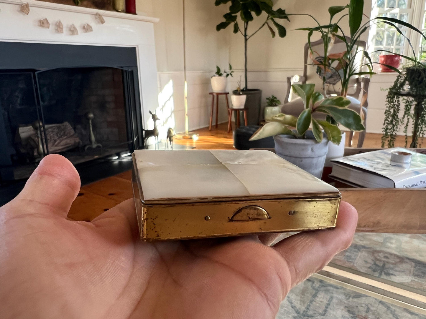 Vtg Brass and Mother of Pearl Compact Box, Lidded Hinge Brass Box, Makeup Compact, Cigarette Holder