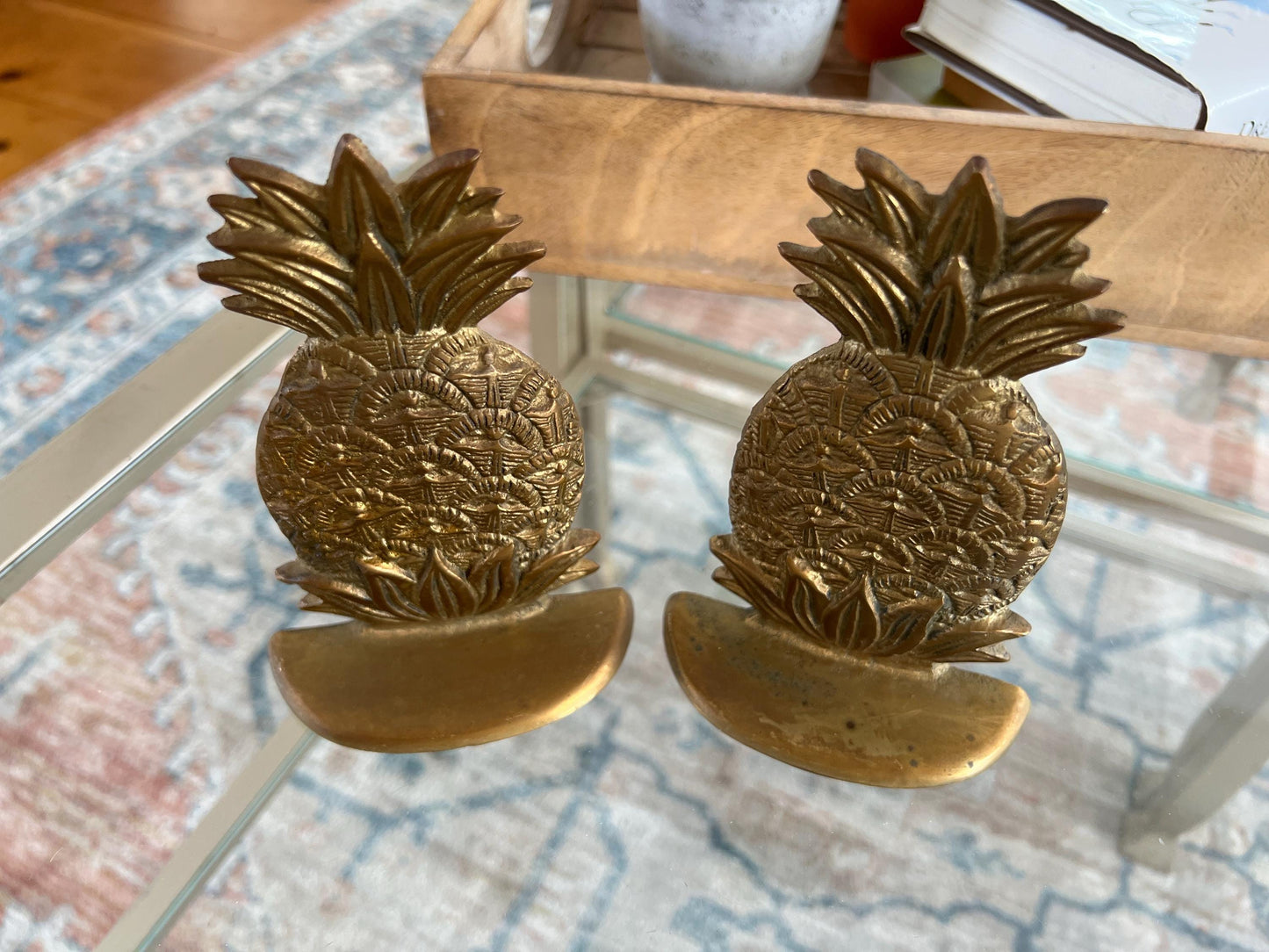 Pair of Vintage Pineapple Bookends, Solid Brass Fruit Book Ends, Home Office Personal Library Bookends, Welcome Brass Book Ends