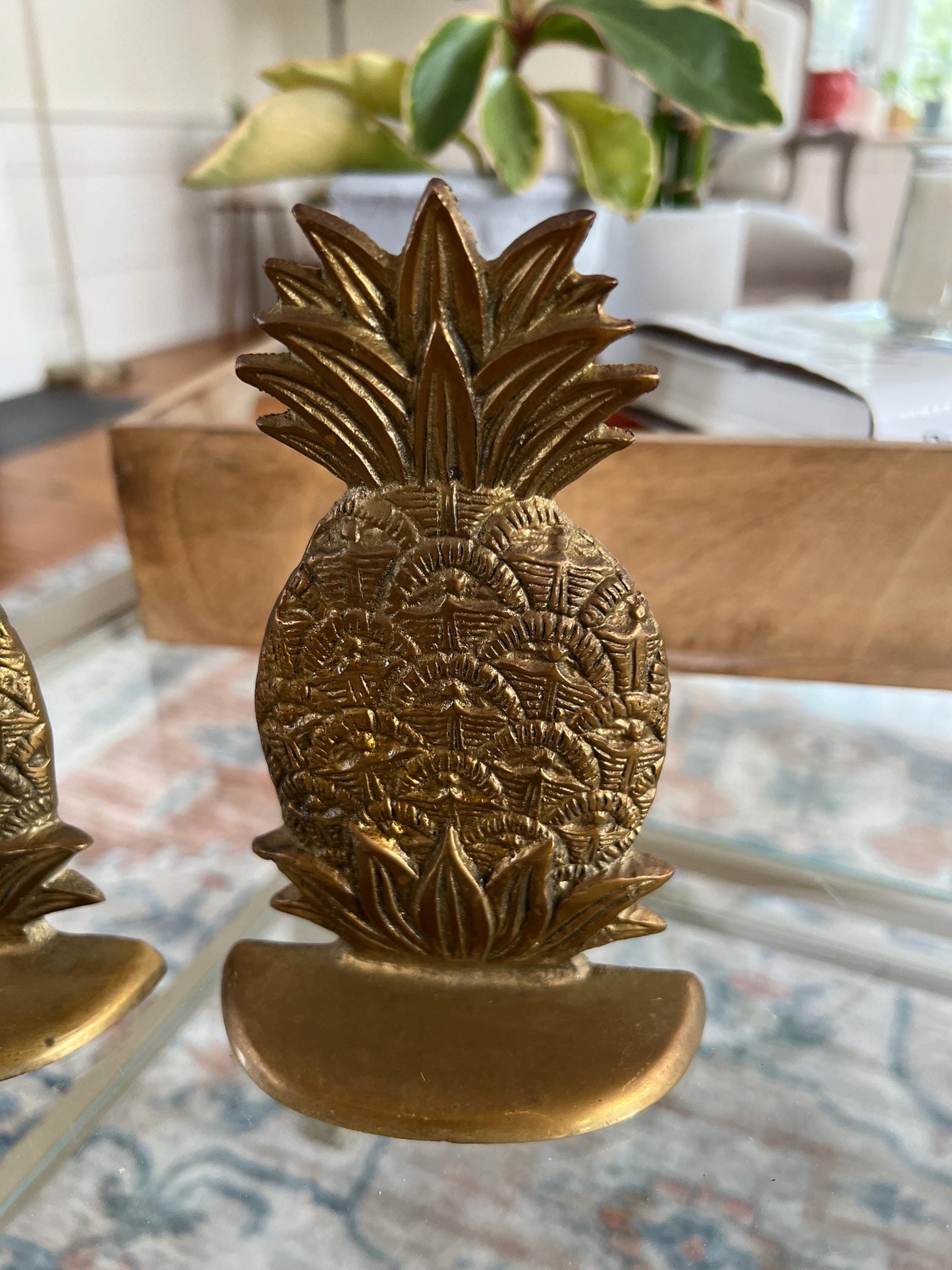 Pair of Vintage Pineapple Bookends, Solid Brass Fruit Book Ends, Home Office Personal Library Bookends, Welcome Brass Book Ends