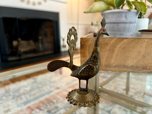 Vintage Solid Brass Peacock Figurine, Etched Brass Bird Card Holder, Brass Animal Display Stand, BOHO Home Decor, Bohemian Brass Mantle