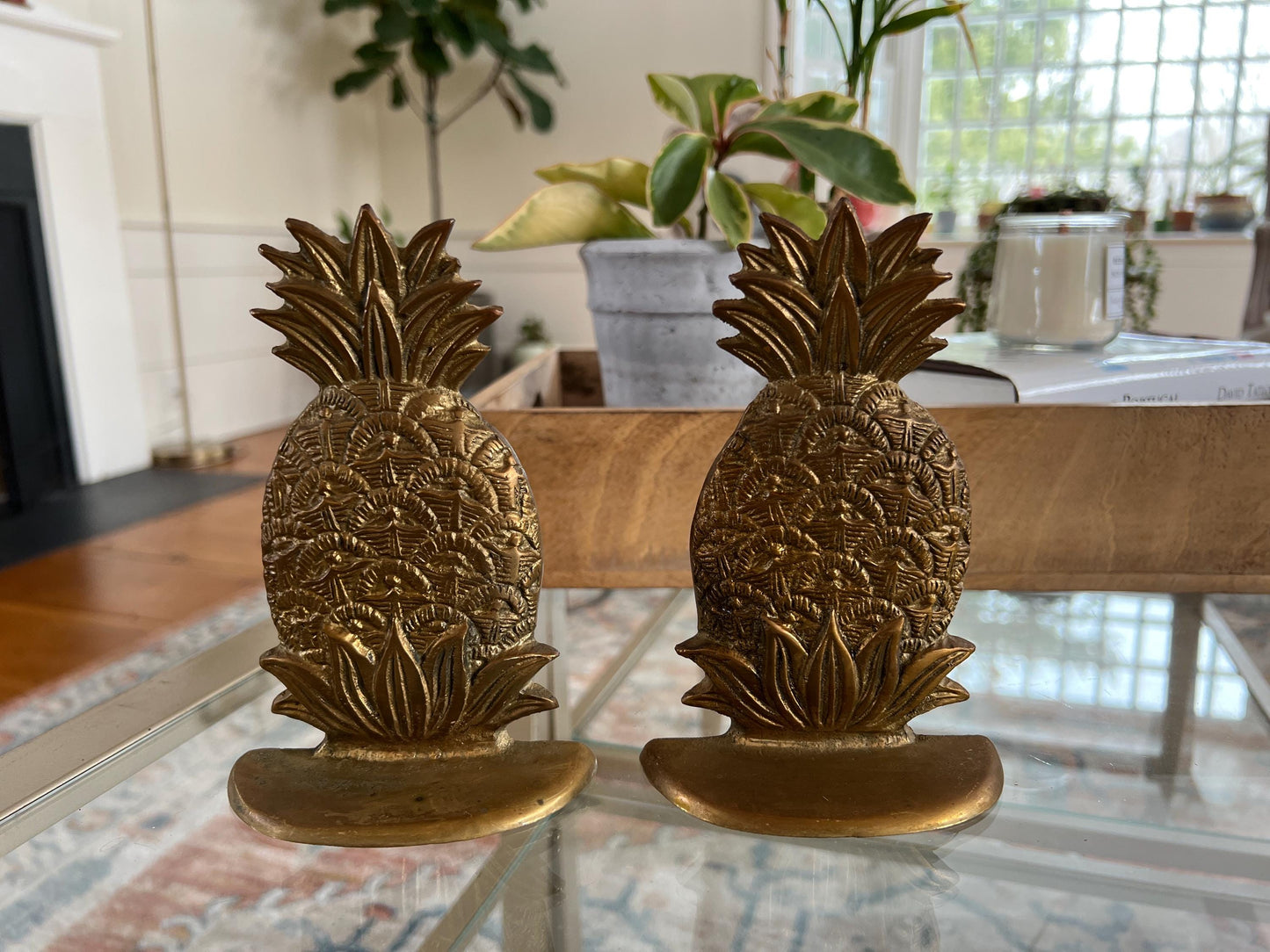 Pair of Vintage Pineapple Bookends, Solid Brass Fruit Book Ends, Home Office Personal Library Bookends, Welcome Brass Book Ends